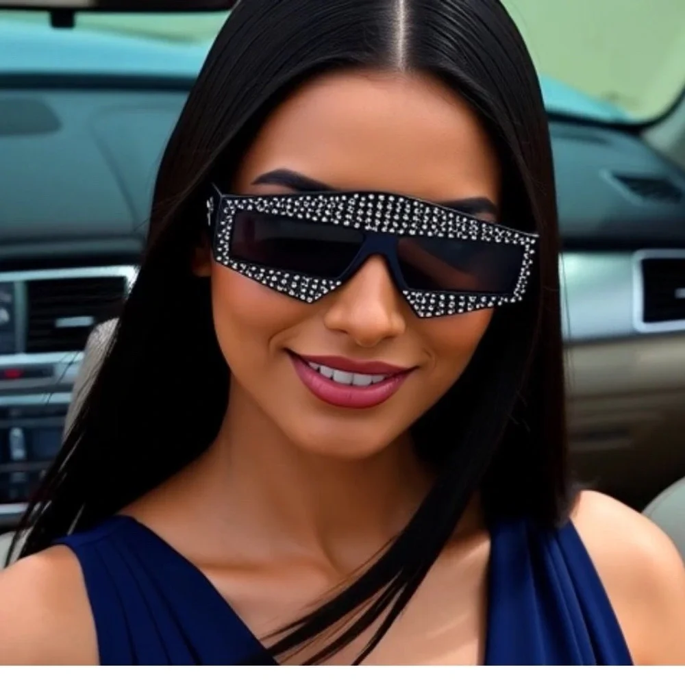 Black Rectangular Frame Women Sunglasses‎ Embellished small Crystals Rhinestones